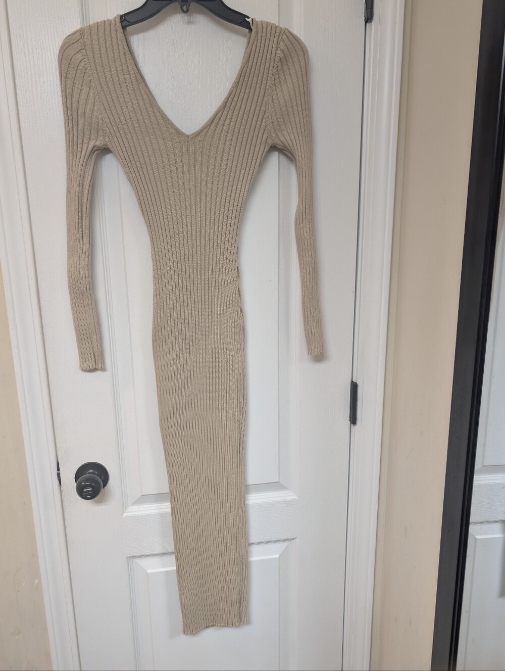 Hera Collection Beige Ribbed V-Neck Bodycon Long Sleeve Maxi Dress